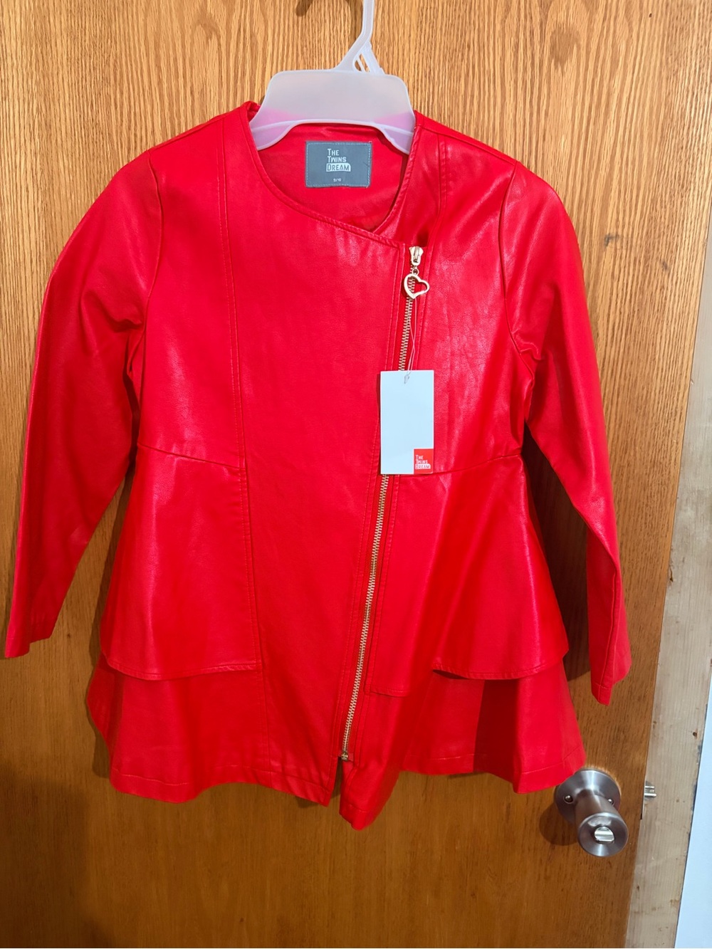 Girl’s Red Vegan Leather Peplum Zip Jacket with Heart Zip Pull